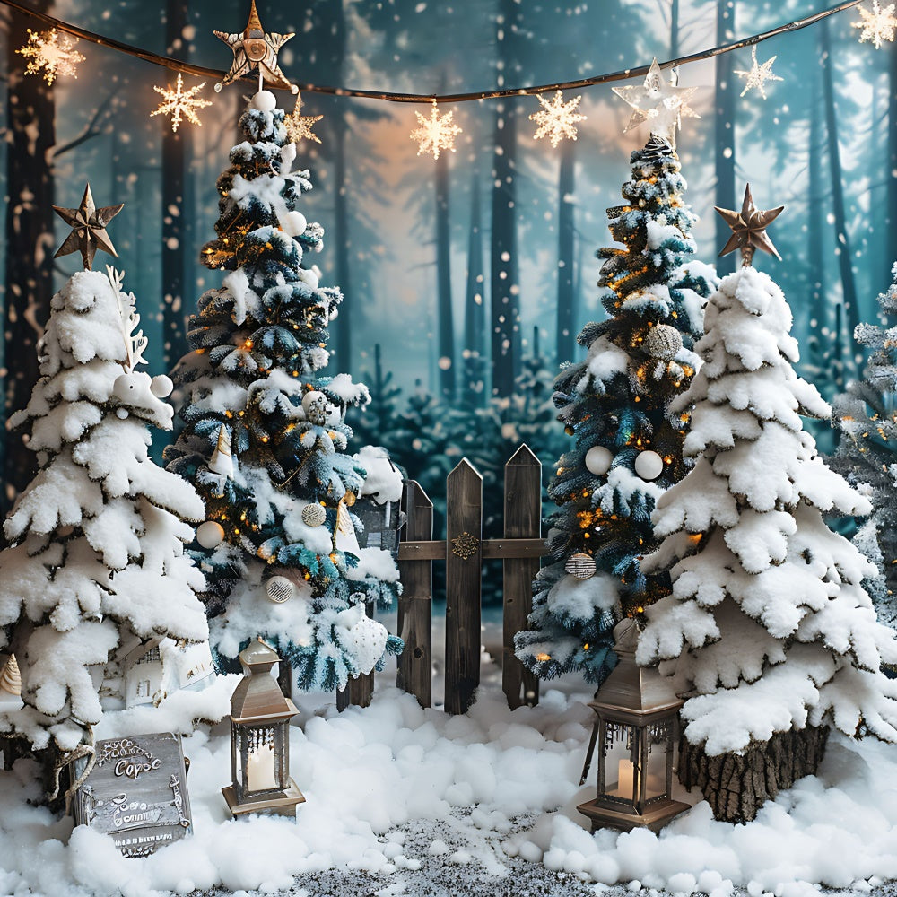Toile de Fond Sapins Enneigés Illuminés par les Étoiles de Noël BRP8-96