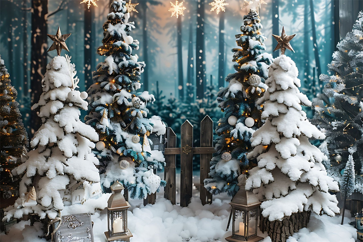 Toile de Fond Sapins Enneigés Illuminés par les Étoiles de Noël BRP8-96