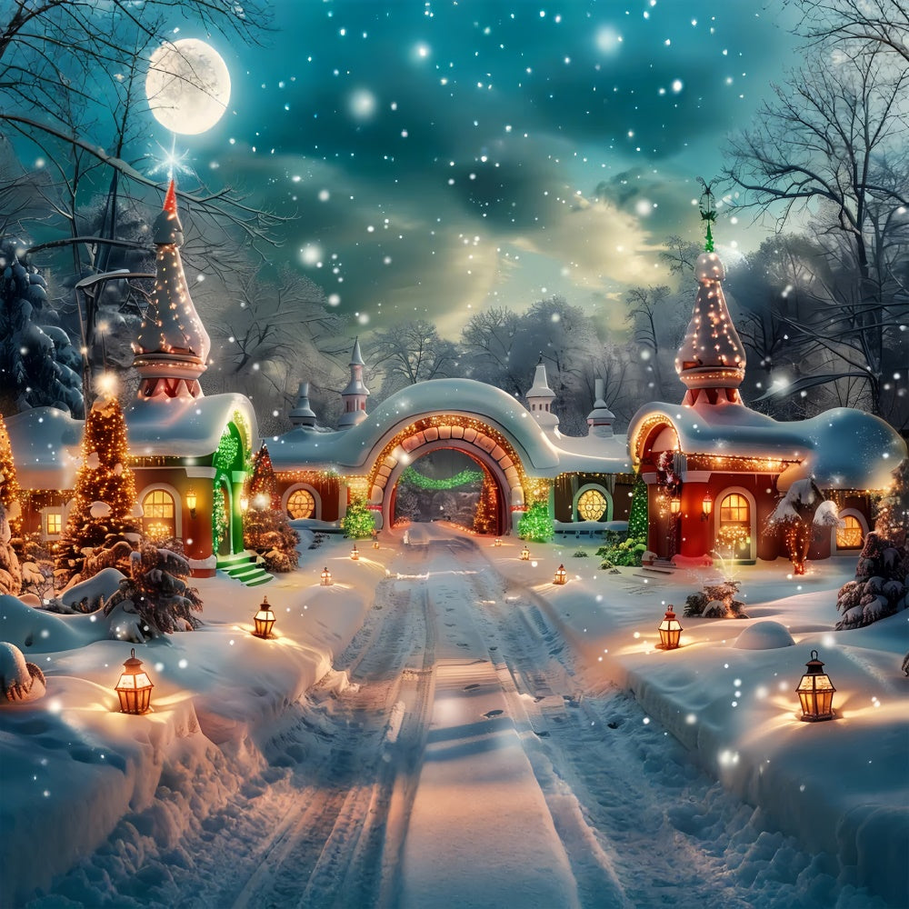 Toile de fond Lanternes de Noël illuminées dans un village enneigé BRP9-102