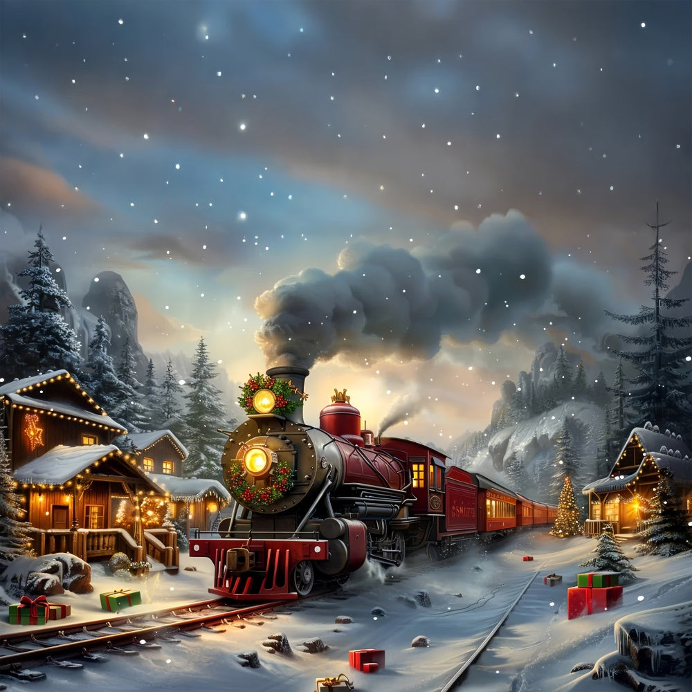 Toile de fond Train express vintage traversant le village enneigé de Noël BRP9-111