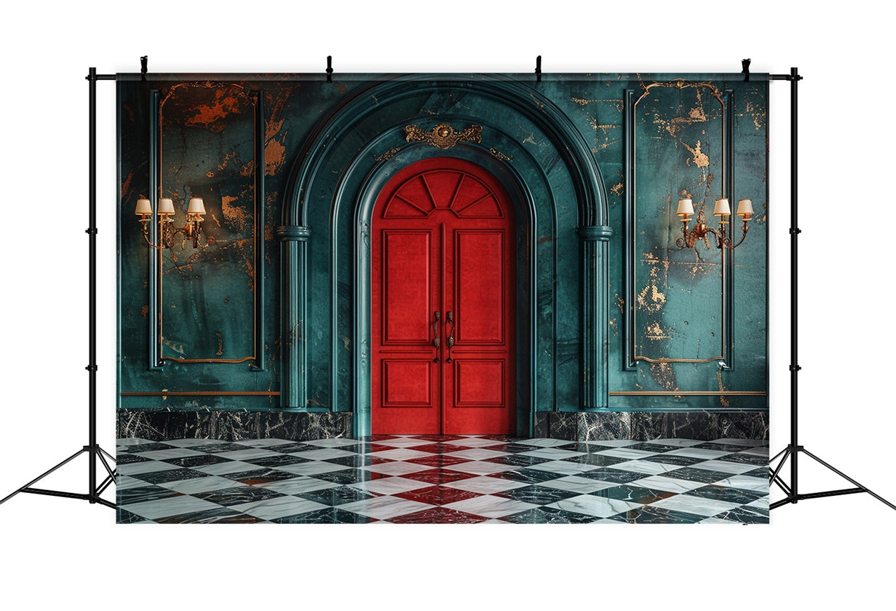 Toile de fond Porte rouge classique avec murs bleu sarcelle élégants BRP9-118