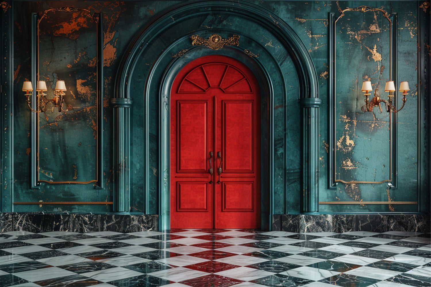 Toile de fond Porte rouge classique avec murs bleu sarcelle élégants BRP9-118