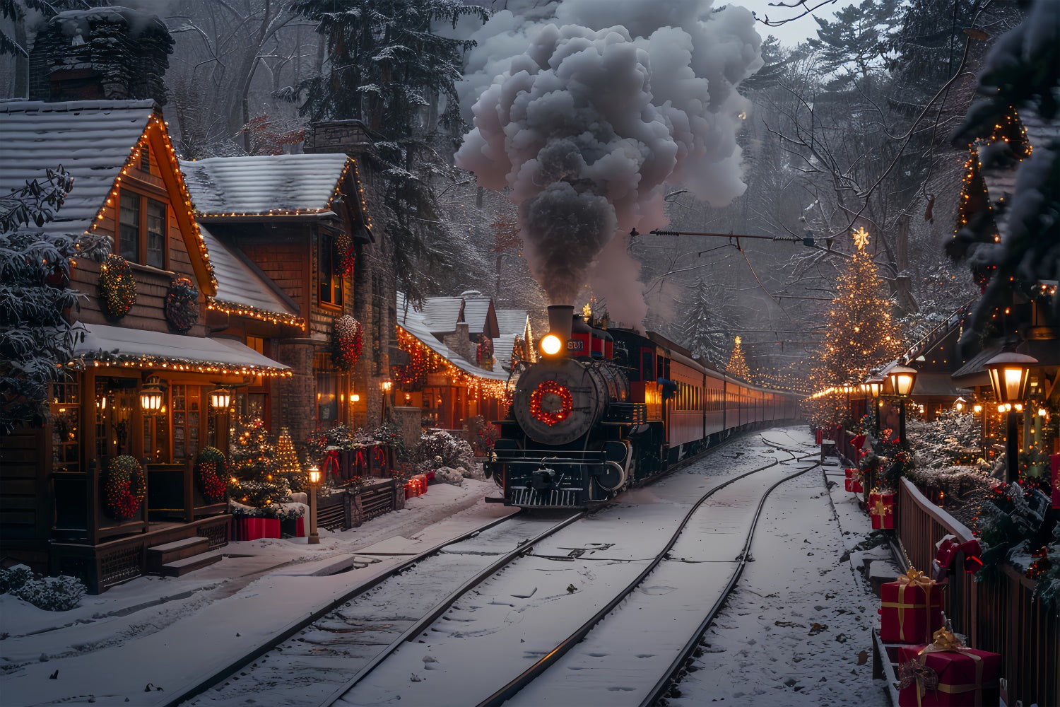 Toile de fond Train à vapeur de Noël et village décoré en hiver BRP9-122
