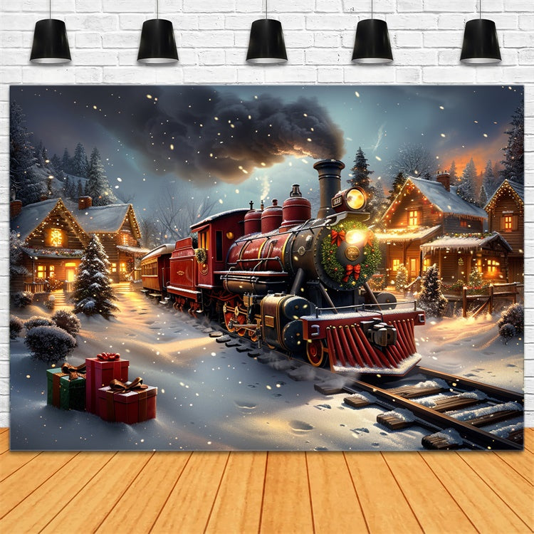 Toile de fond Train classique de Noël et chalet enneigé BRP9-124