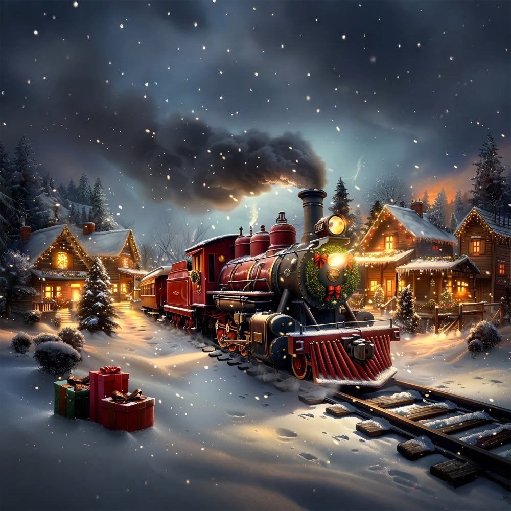 Toile de fond Train classique de Noël et chalet enneigé BRP9-124