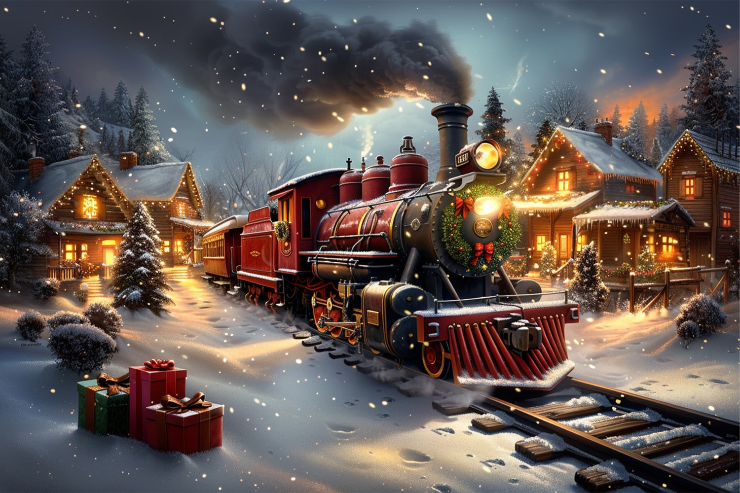 Toile de fond Train classique de Noël et chalet enneigé BRP9-124