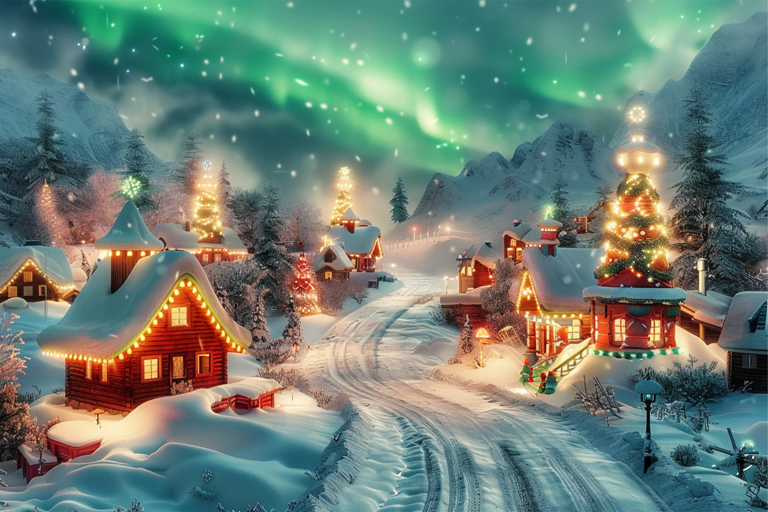 Toile de fond Aurores boréales le soir de Noël au village BRP9-125