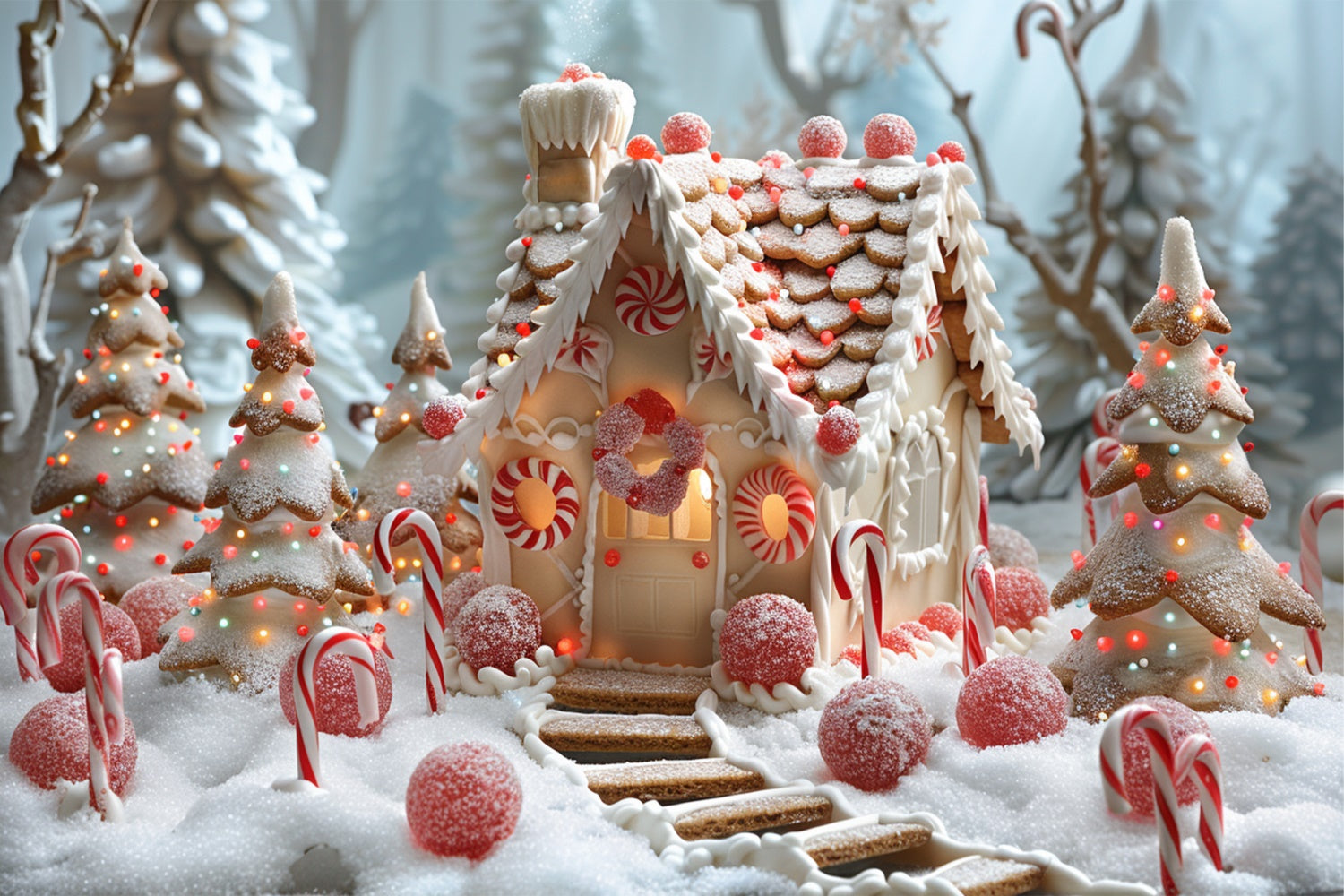 Toile de fond Village sucré de Noël avec neige et cannes en sucre BRP9-126