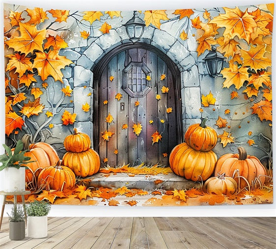 Toile de Fond Porte en Pierre Citrouilles Feuilles Dorées d'Automne BRP9-176