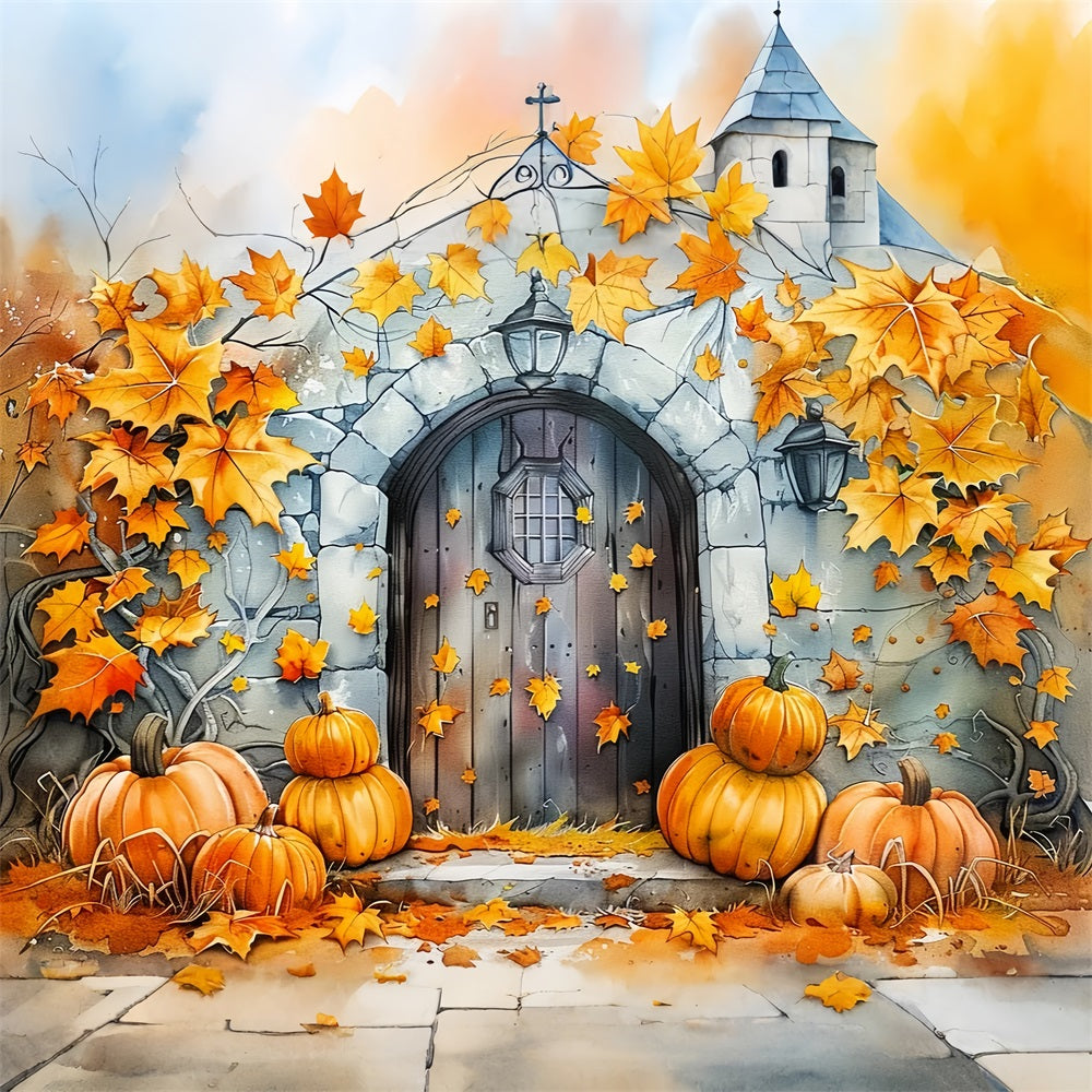 Toile de Fond Porte en Pierre Citrouilles Feuilles Dorées d'Automne BRP9-176