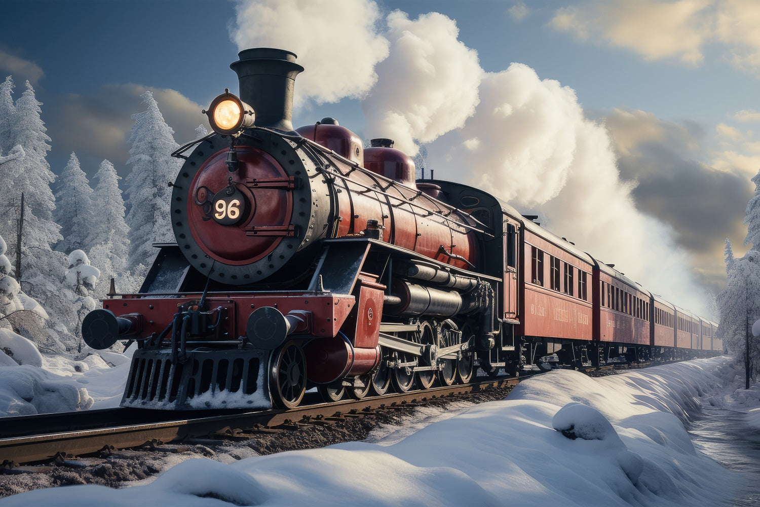 Toile de fond Chemin de fer enneigé Locomotive vintage Hiver BRP9-249