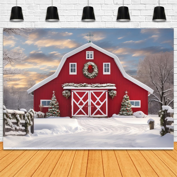 Toile de fond Grange rouge enneigée Arbres d'hiver BRP9-289