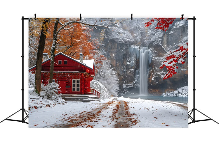 Toile de fond Cabane rouge Enneigée Cascade Hiver BRP9-292