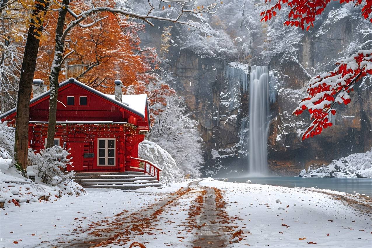 Toile de fond Cabane rouge Enneigée Cascade Hiver BRP9-292