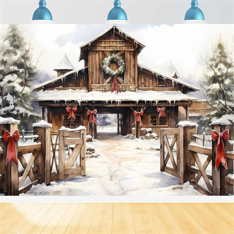 Toile de fond Cour rustique hivernale Sentier enneigé Couronne BRP9-336