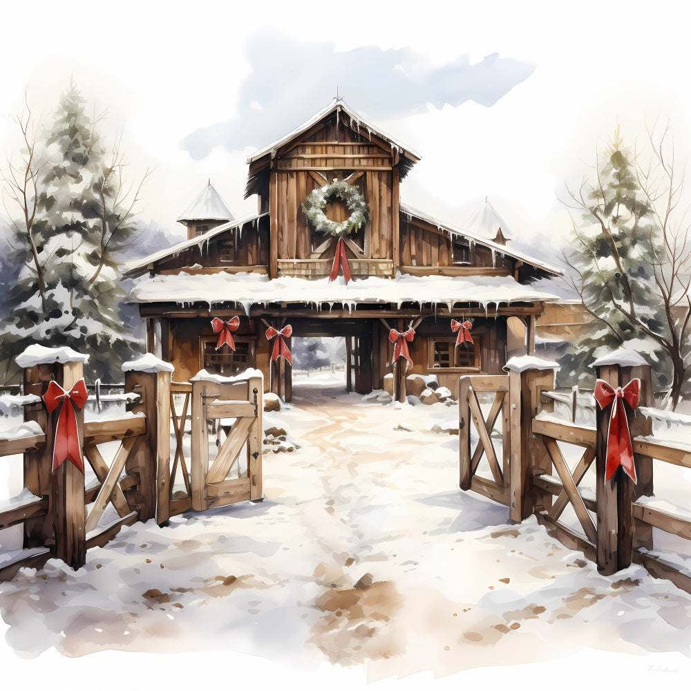 Toile de fond Cour rustique hivernale Sentier enneigé Couronne BRP9-336