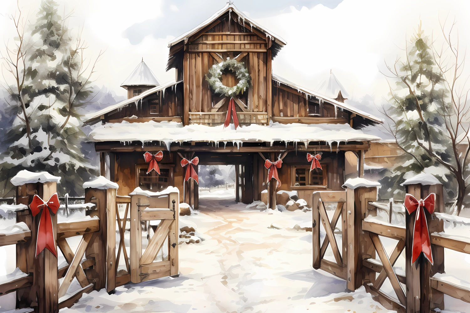 Toile de fond Cour rustique hivernale Sentier enneigé Couronne BRP9-336
