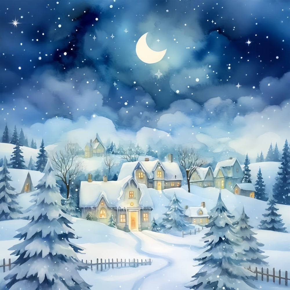 Toile de fond Cottage hivernal sous la neige Lumière de lune BRP9-352