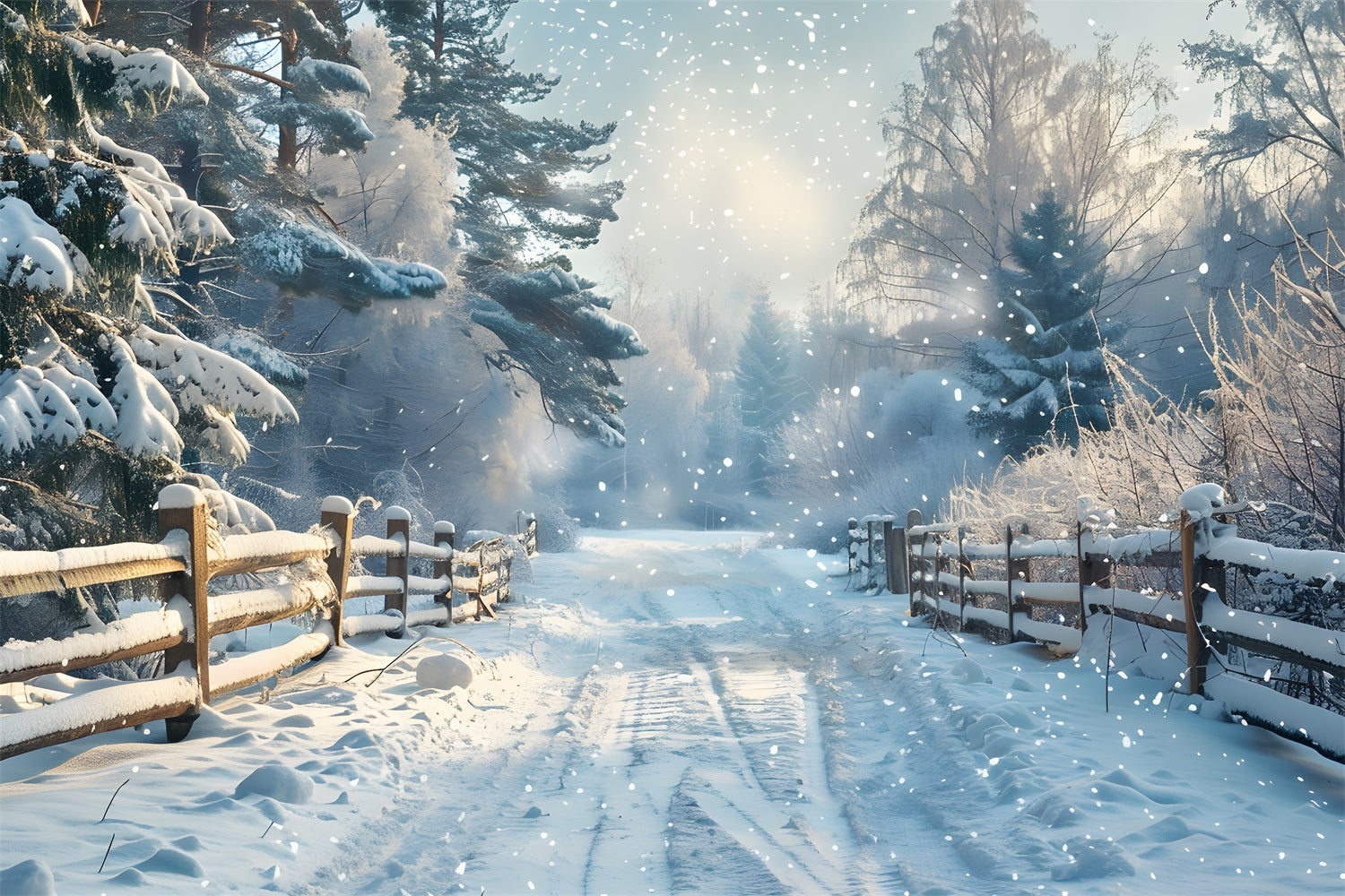 Toile de fond Clôture enneigée Route forestière hivernale BRP9-356