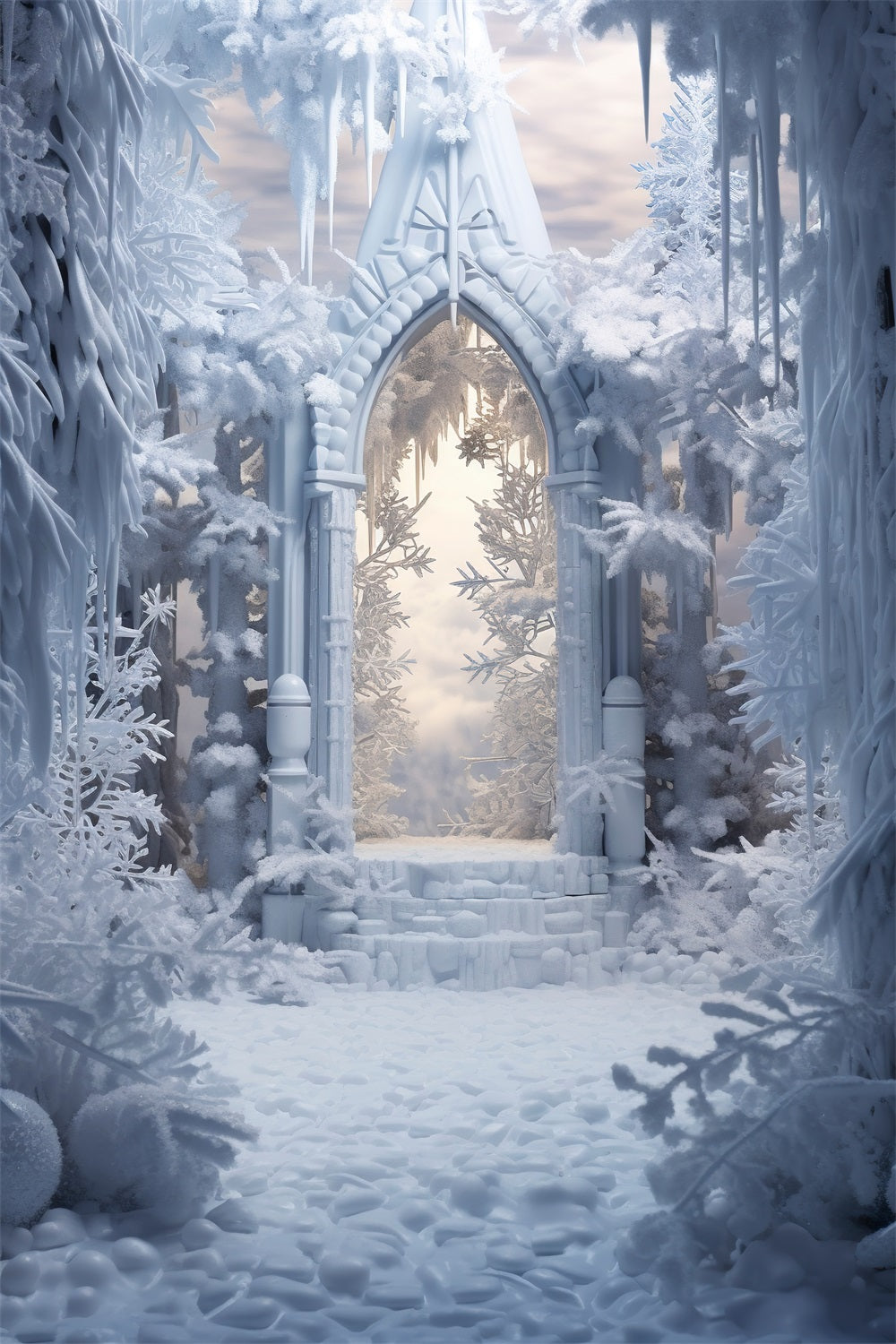 Toile de fond Arche enneigée entourée d’arbres glacés Hiver BRP9-378