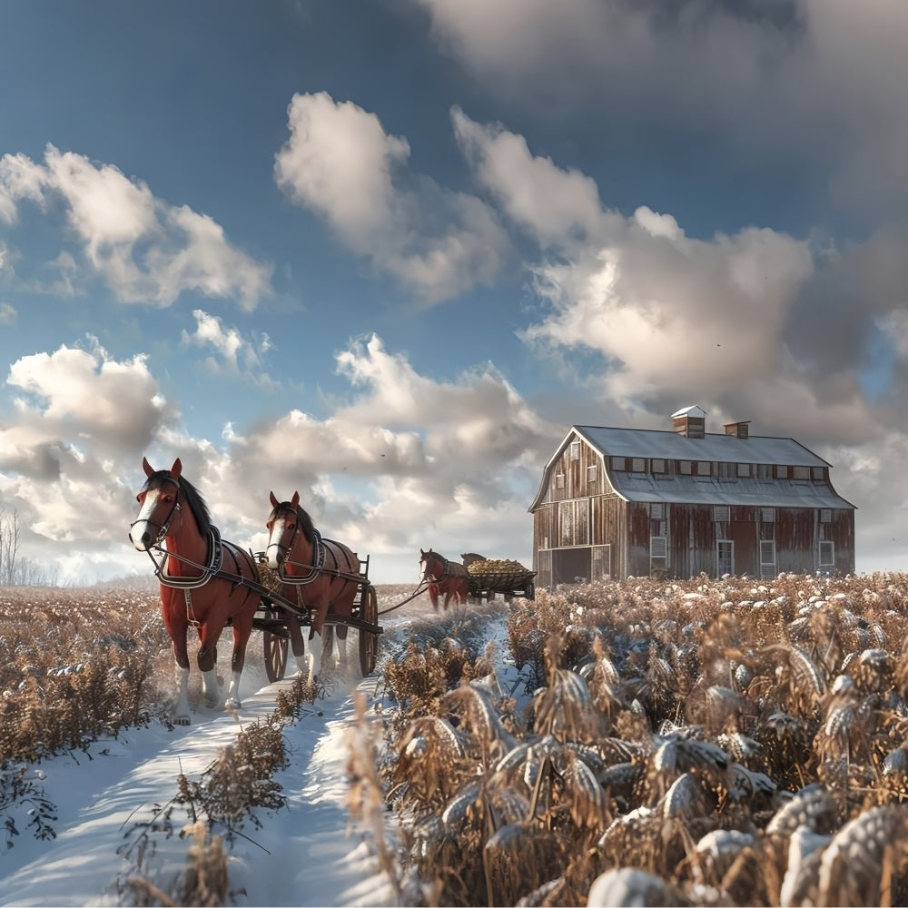 Toile de fond Grange enneigée Chevaux Champ d'hiver BRP9-380