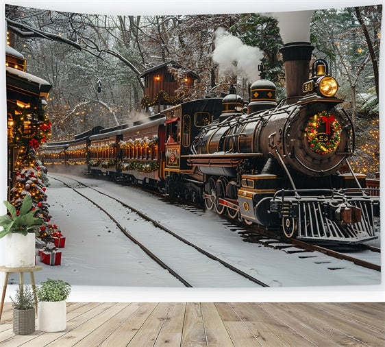 Toile de fond Train de Noël d'hiver avec des rails enneigés BRP9-81