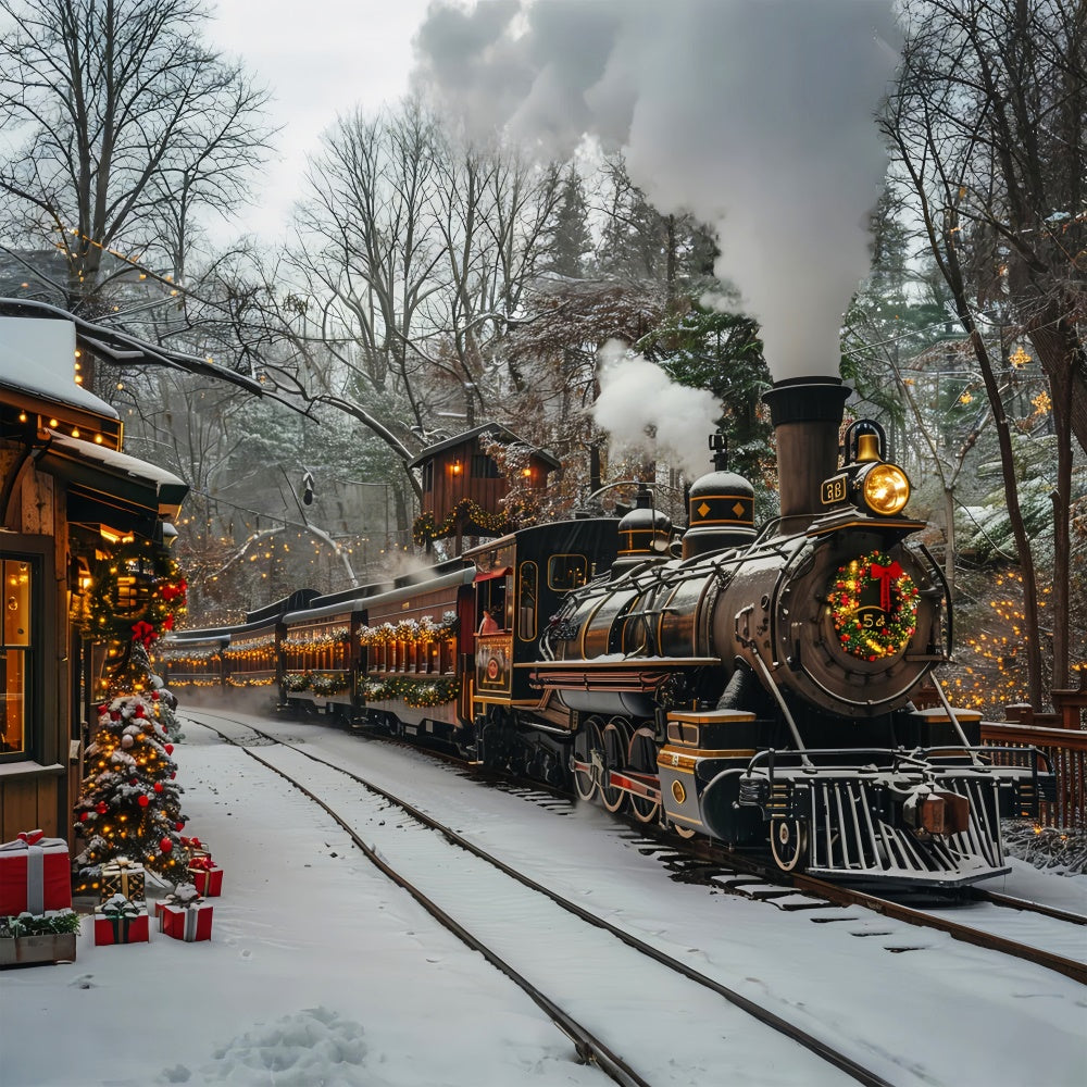 Toile de fond Train de Noël d'hiver avec des rails enneigés BRP9-81