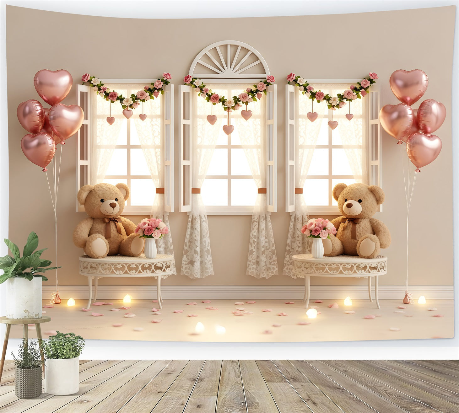 Fonds photo pour la Saint-Valentin Nounours Fenêtre Décoration romantique Fond pour la Saint-Valentin par Magali