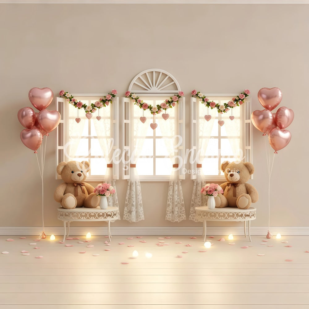 Fonds photo pour la Saint-Valentin Nounours Fenêtre Décoration romantique Fond pour la Saint-Valentin par Magali