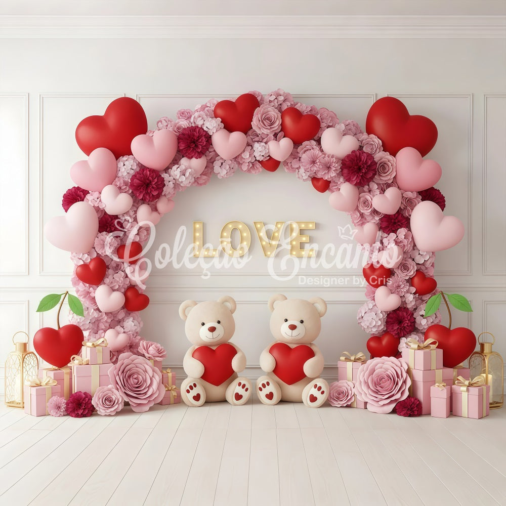Fond pour la Saint-Valentin avec cœur floral et arche en peluche Fonds pour la Saint-Valentin par Magali