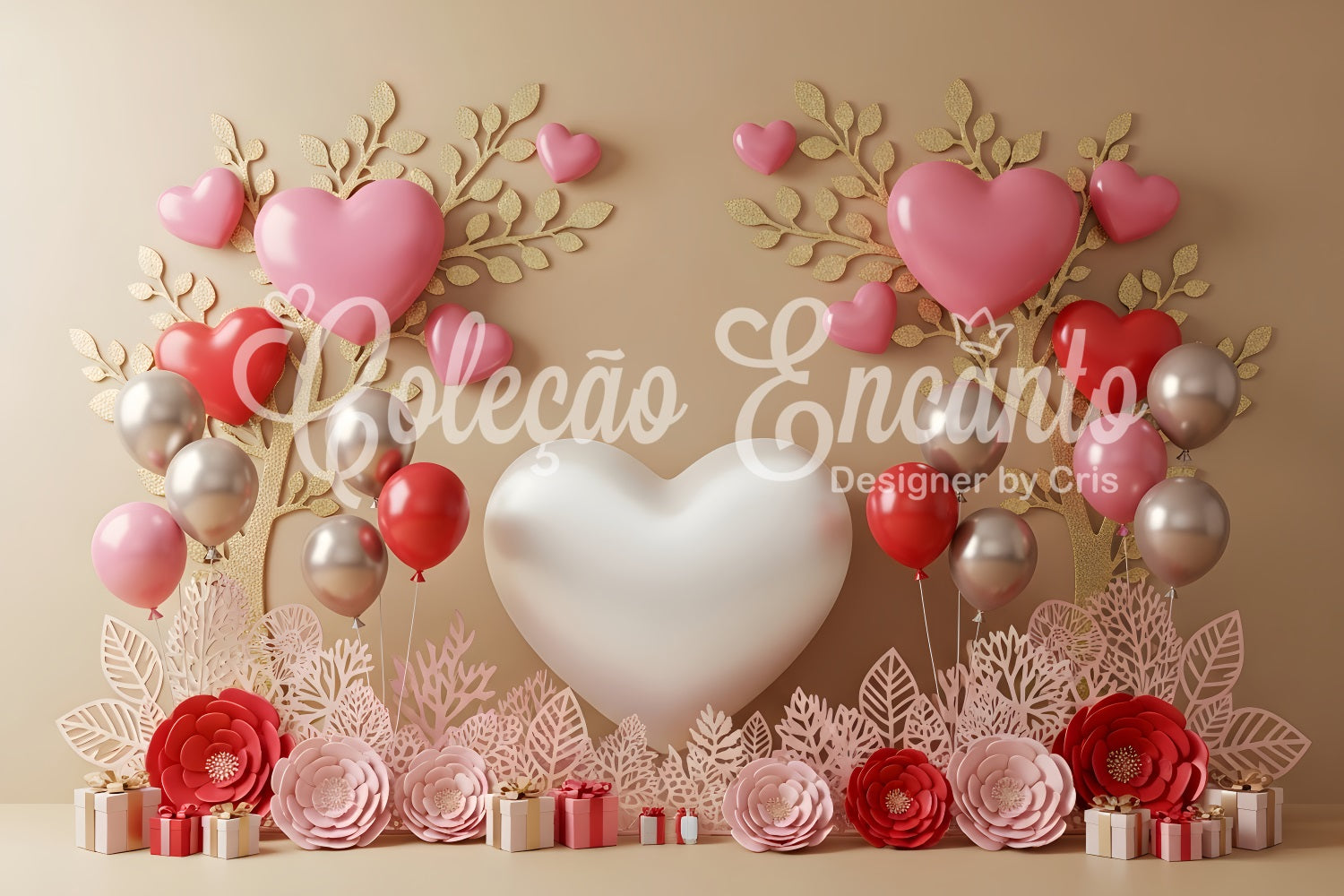 Fond Photo Saint Valentin Ballons Cœur et Fleurs Par Magali