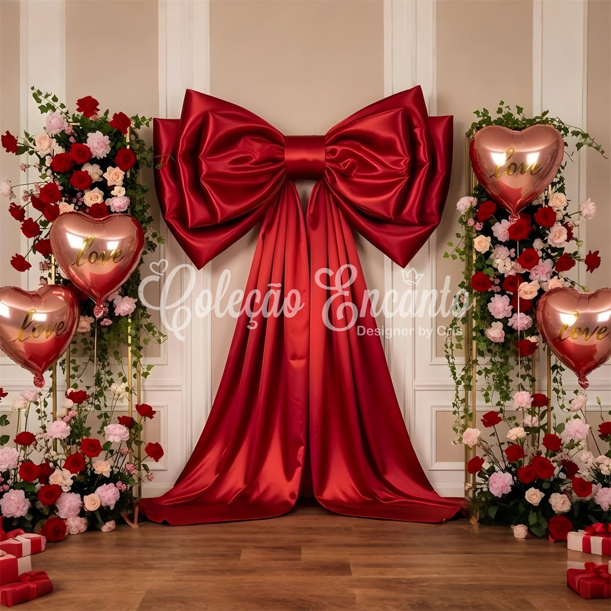 Toile de fond de Saint Valentin Nœud Rouge Luxueux et Fleurs Par Magali