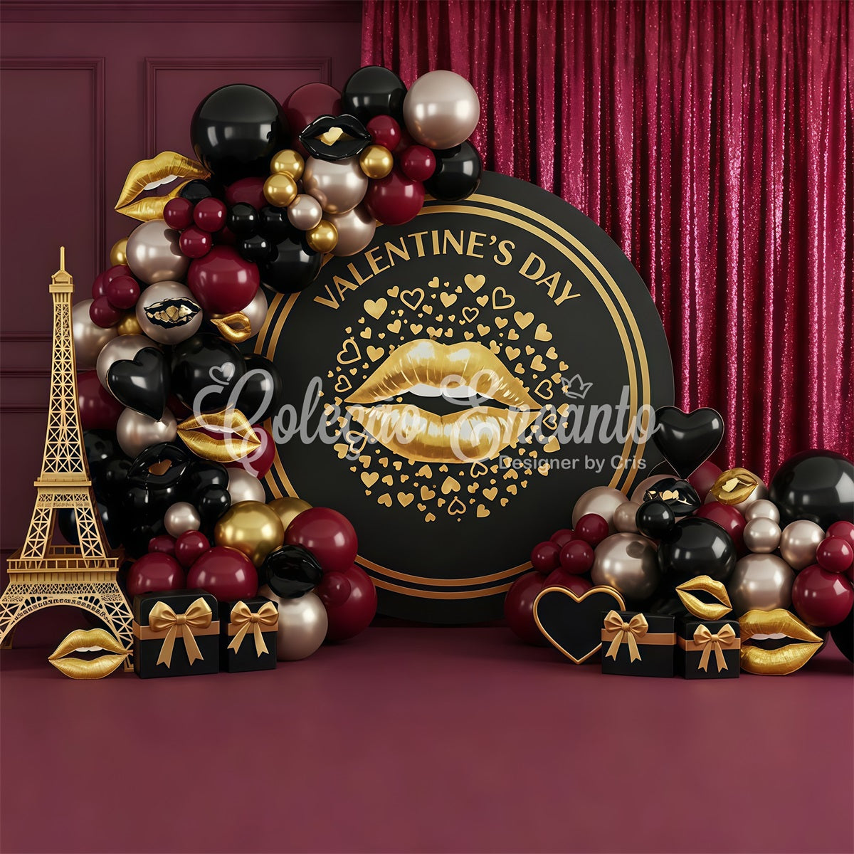 Fond Photo St Valentin Décor Glamour Noir et Or Baiser Par Magali