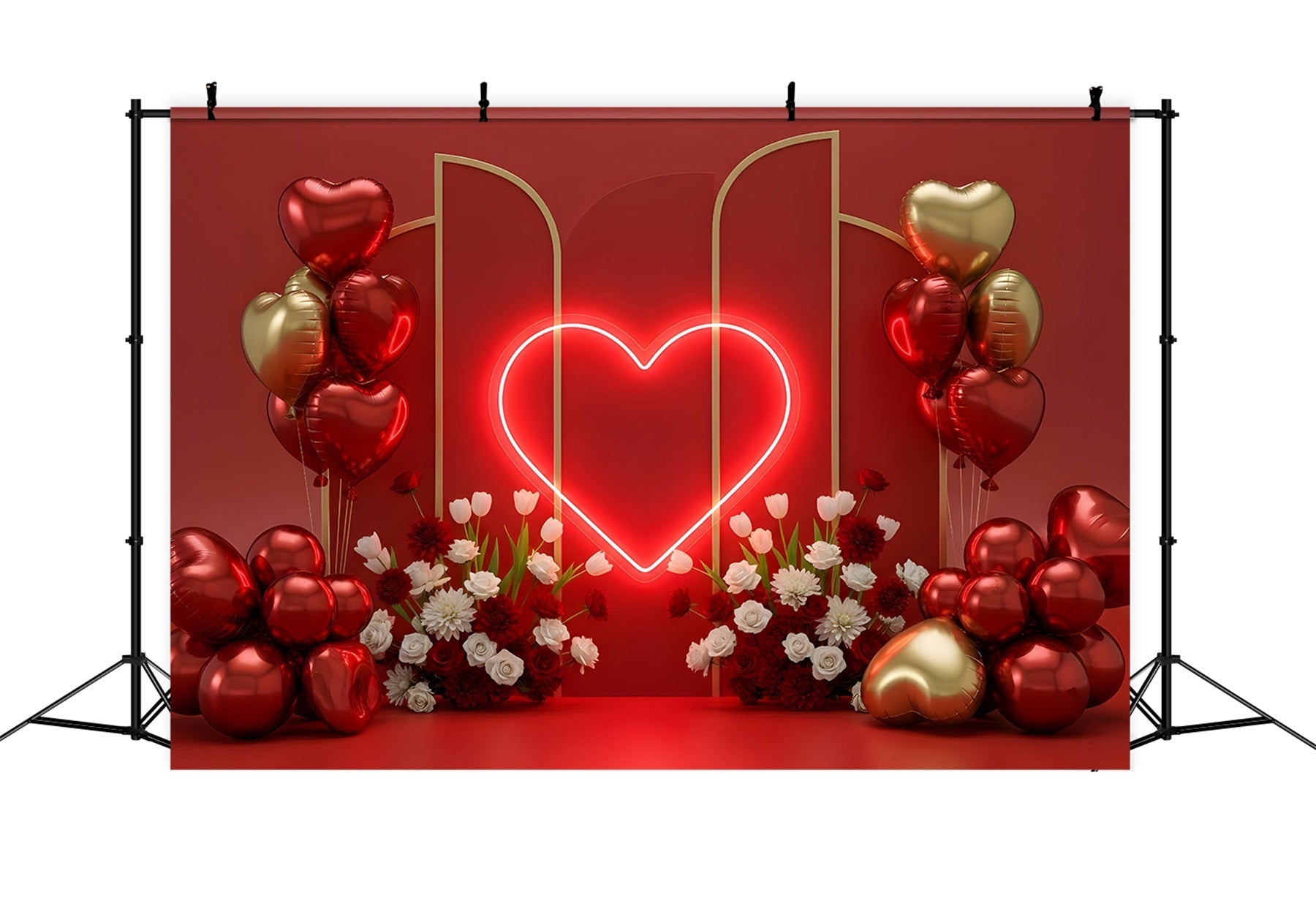 Toile de fond de St Valentin Ballons Cœur Néon et Fleurs Par Magali