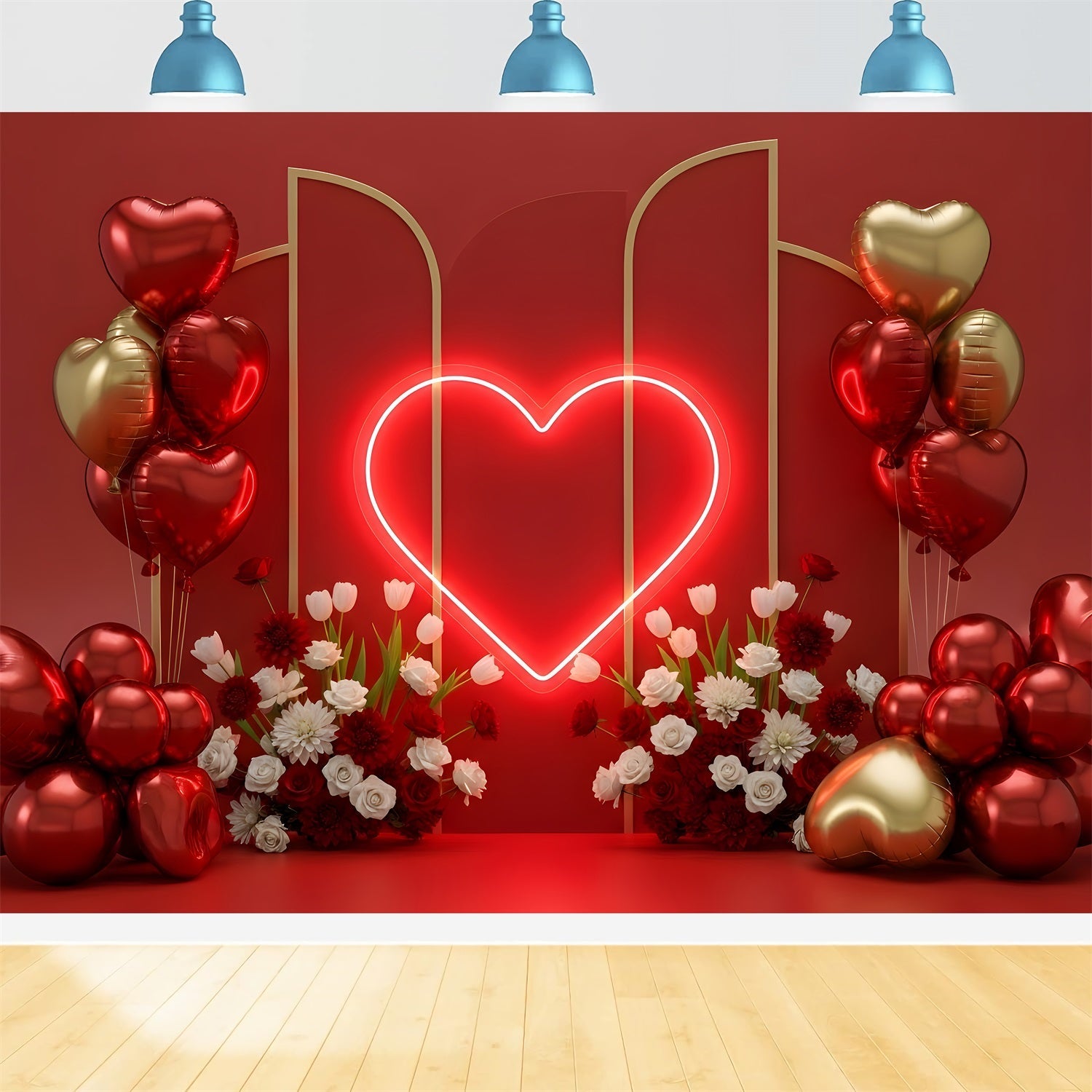 Toile de fond de St Valentin Ballons Cœur Néon et Fleurs Par Magali