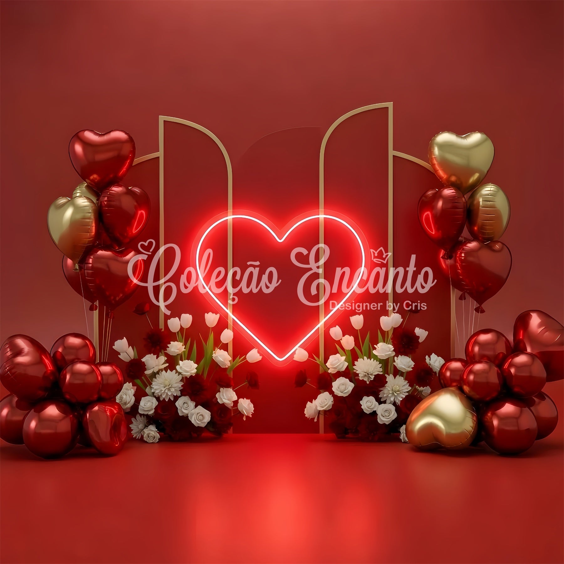 Toile de fond de St Valentin Ballons Cœur Néon et Fleurs Par Magali