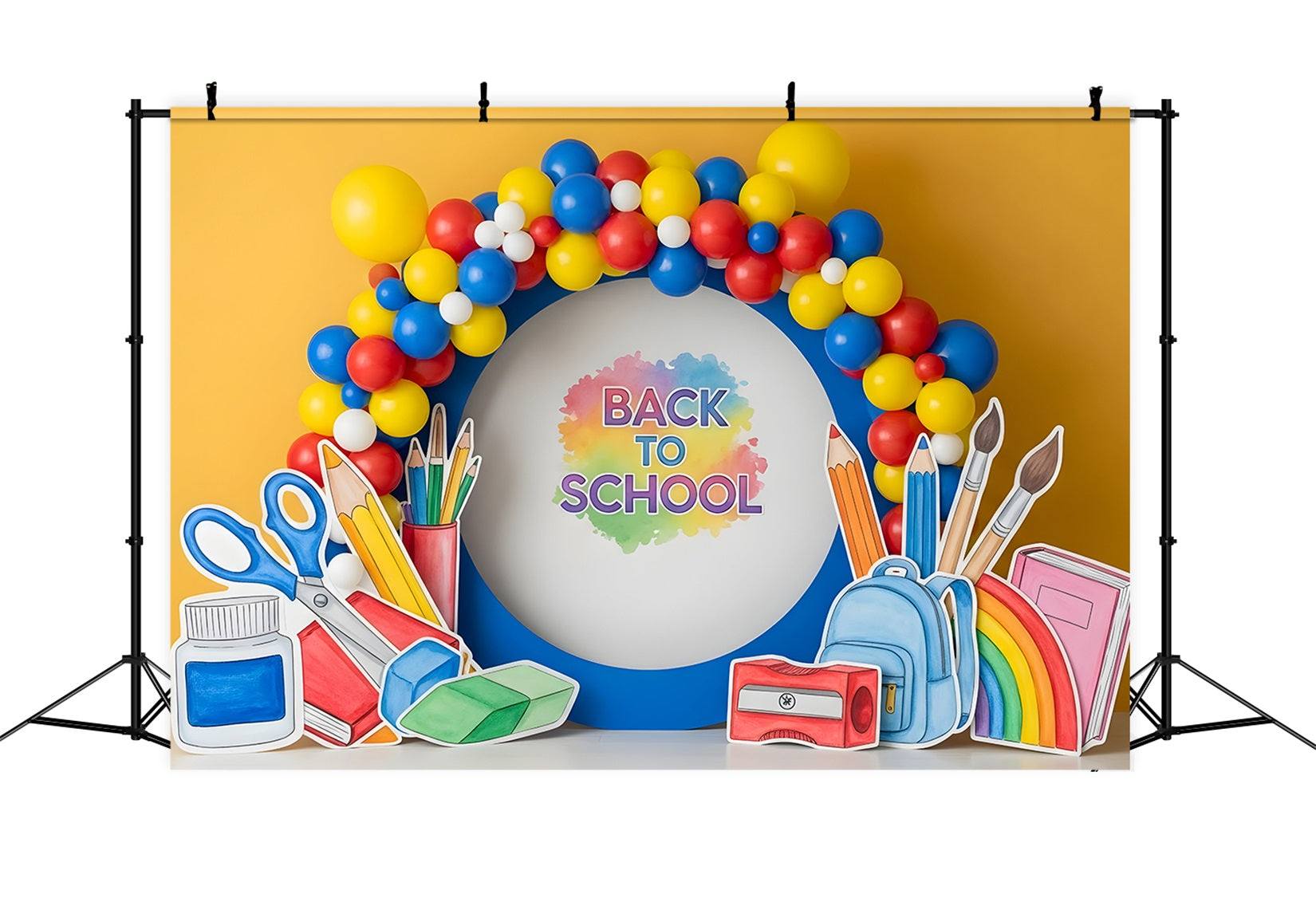 Fond Photo Rentrée des Classes Arche de Ballons Fournitures Vibrantes Par Magali