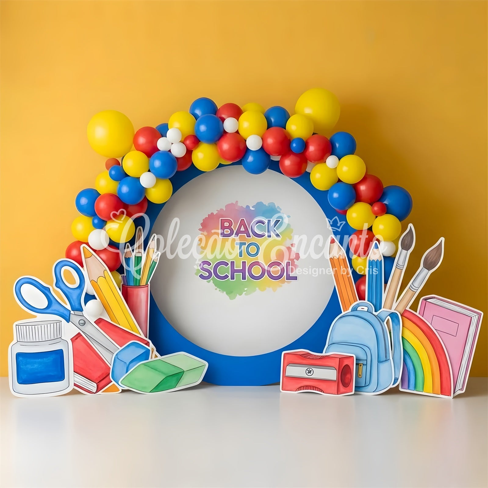 Fond Photo Rentrée des Classes Arche de Ballons Fournitures Vibrantes Par Magali