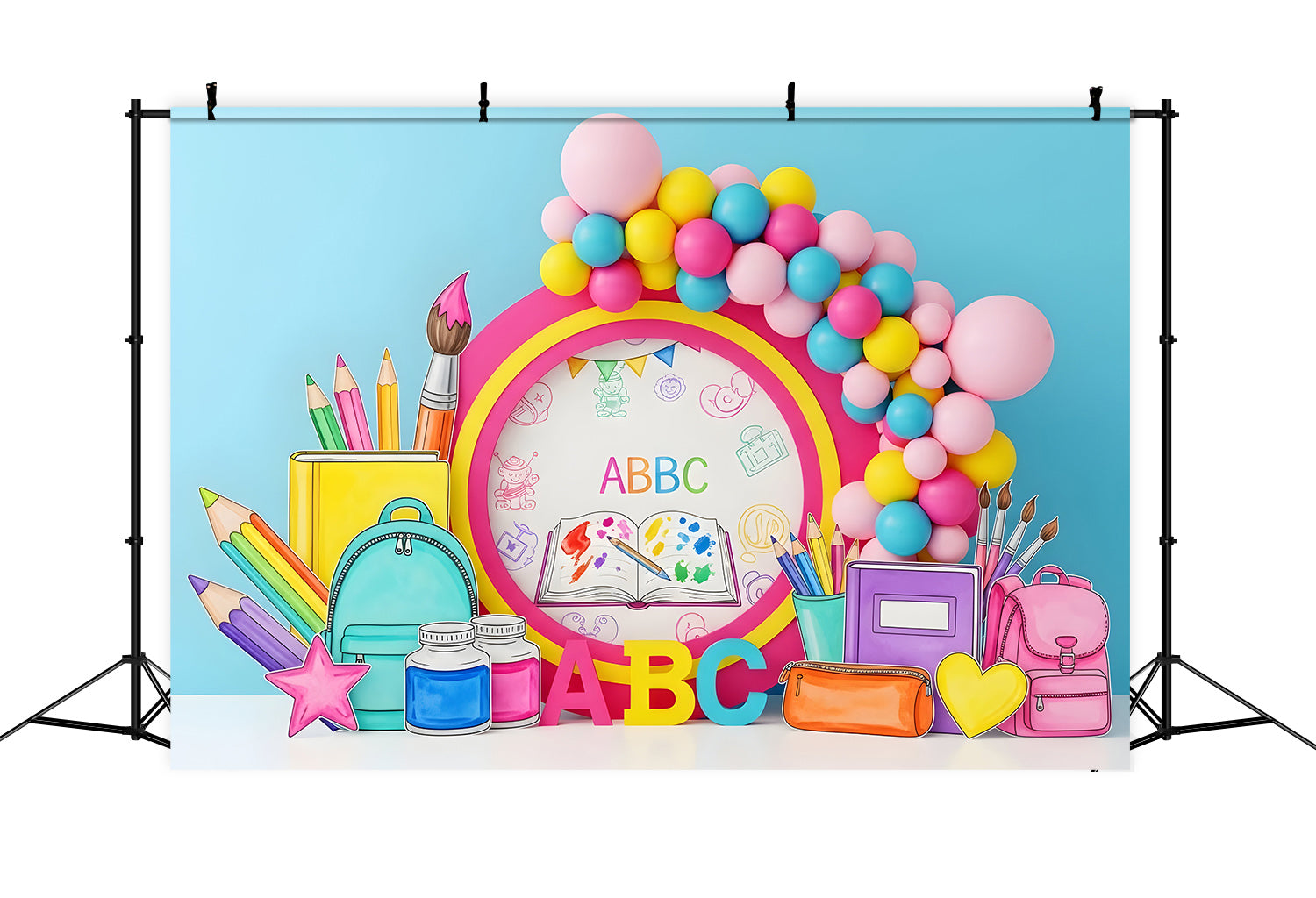 Toile de fond Rentrée Scolaire Fournitures Artistiques Arc-en-Ciel Par Magali