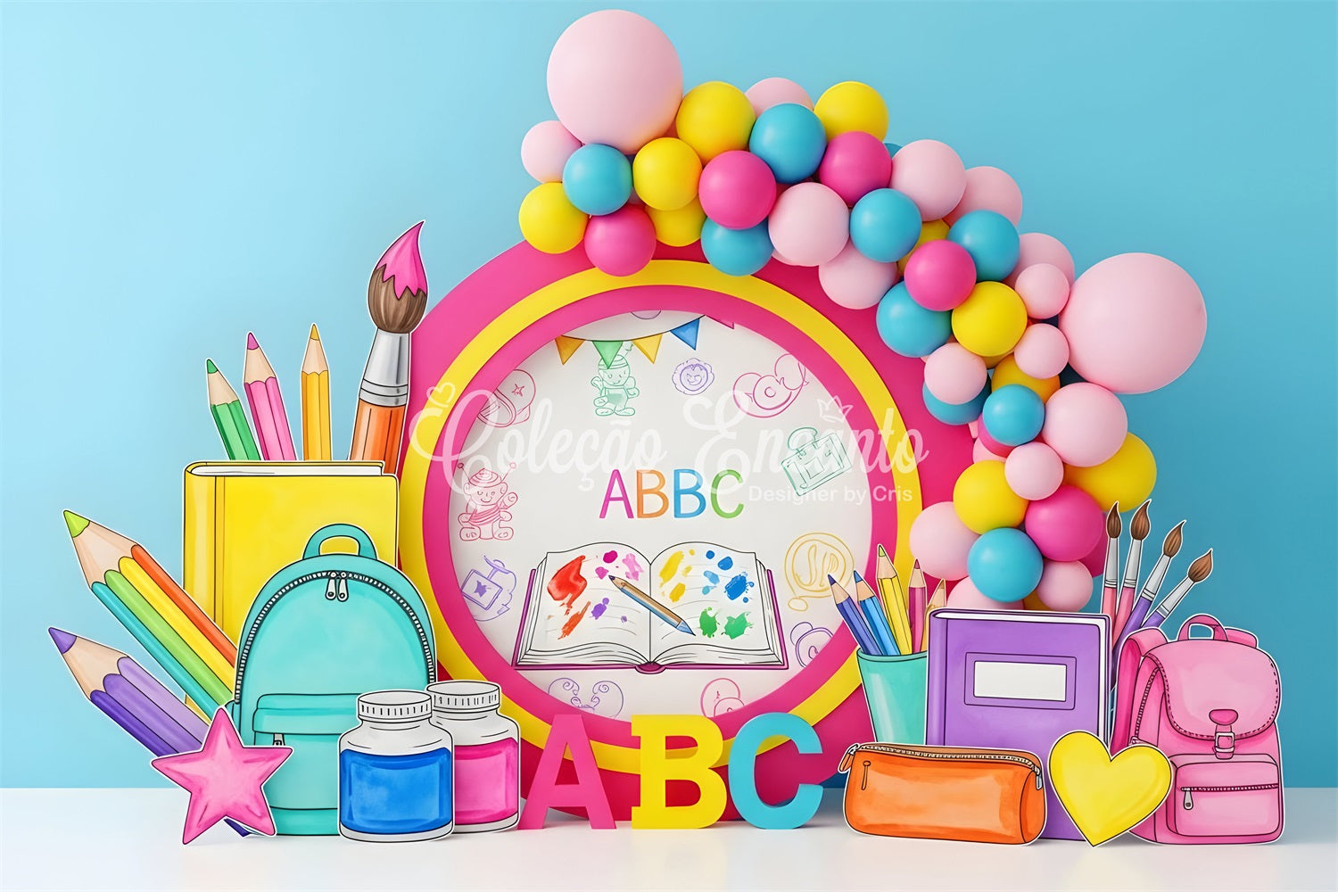 Toile de fond Rentrée Scolaire Fournitures Artistiques Arc-en-Ciel Par Magali