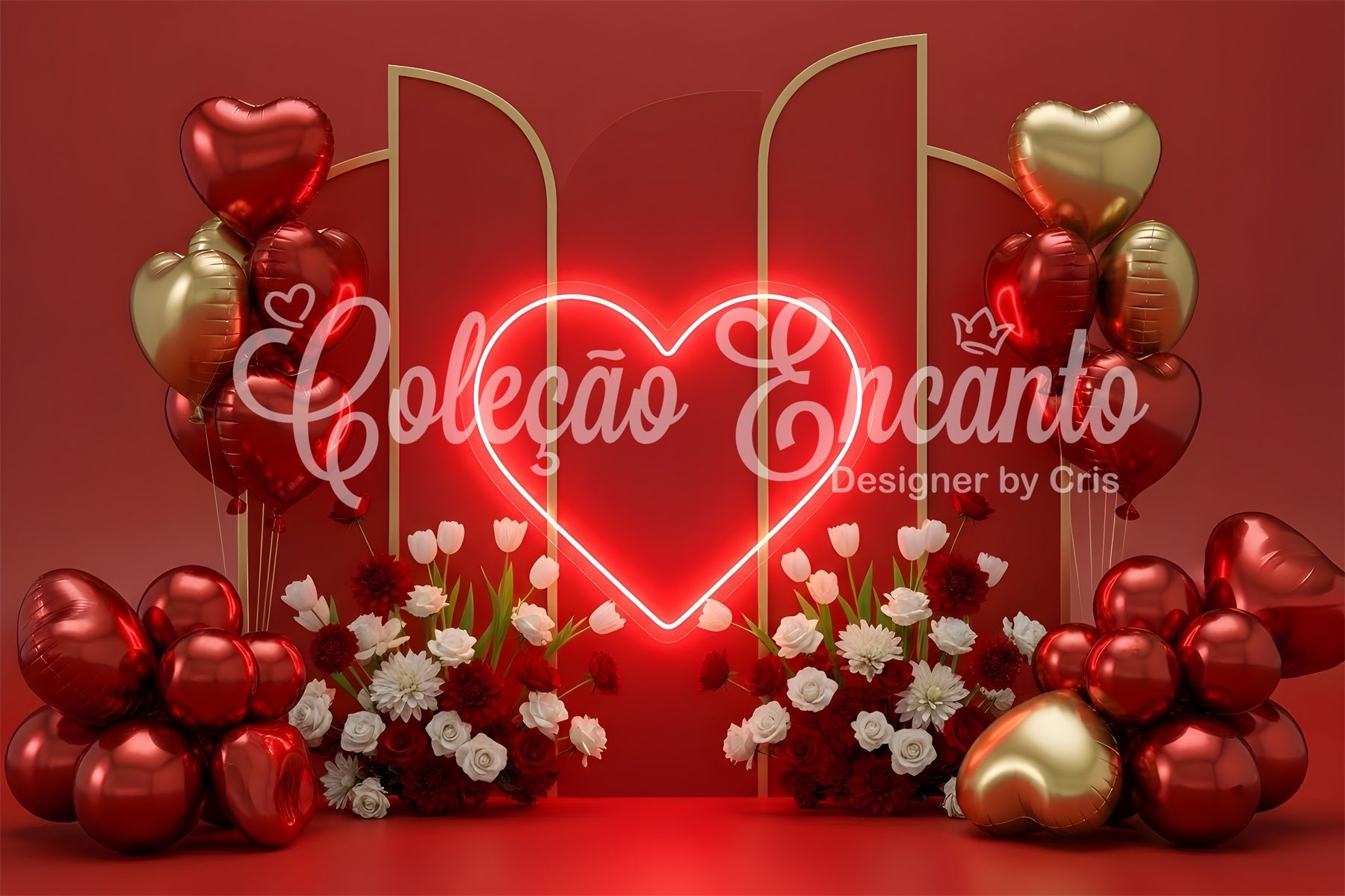 Toile de fond de St Valentin Ballons Cœur Néon et Fleurs Par Magali