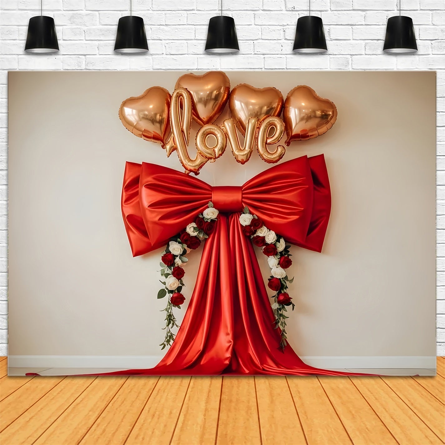 Fond Photo Saint Valentin Cœurs Fleuris avec Nœud Satin Rouge Par Magali