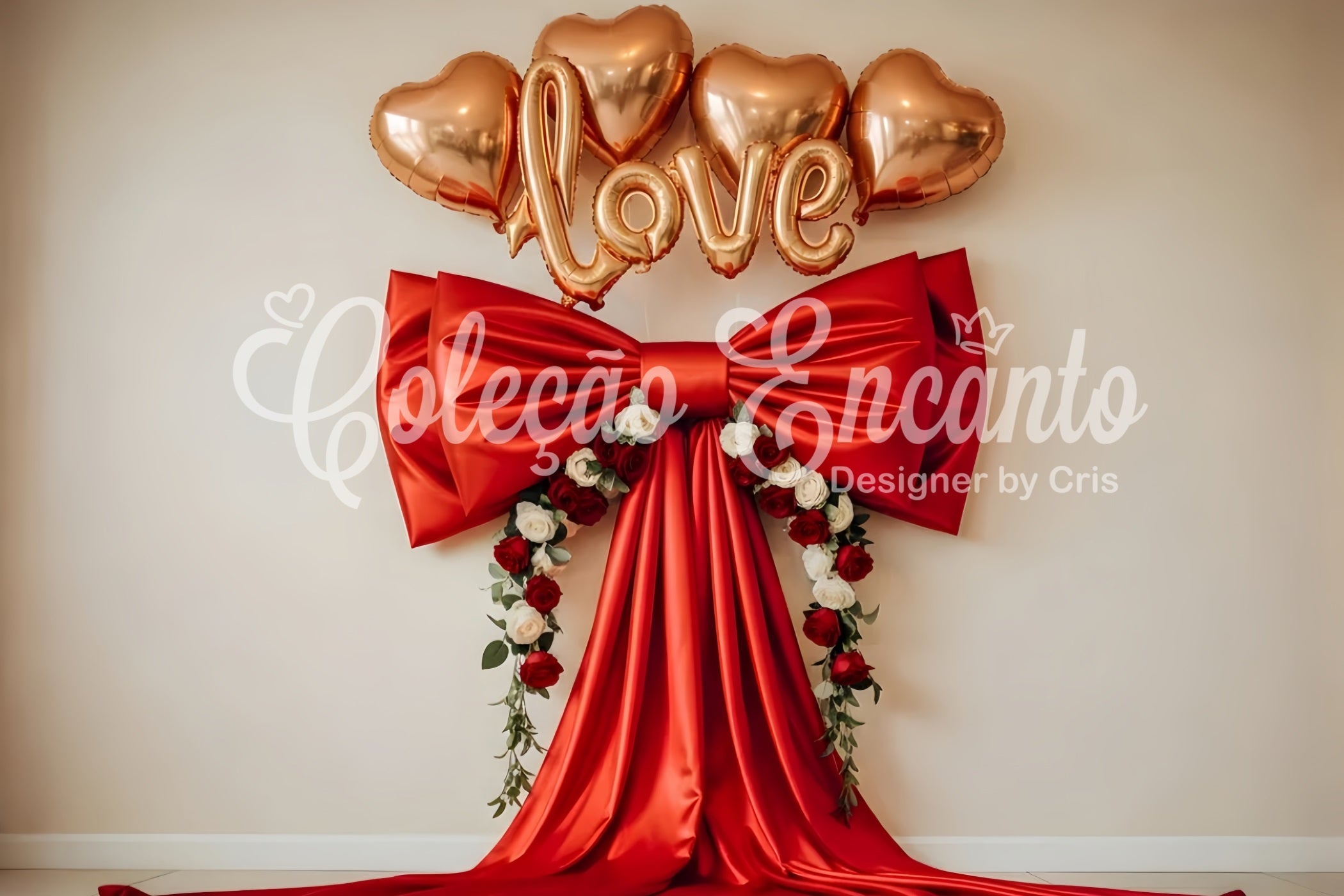 Fond Photo Saint Valentin Cœurs Fleuris avec Nœud Satin Rouge Par Magali