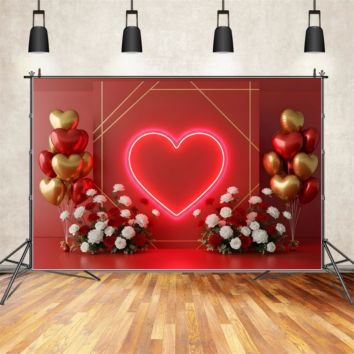 Fond Photo de Saint Valentin Ballons Cœur Néon et Fleurs Par Magali