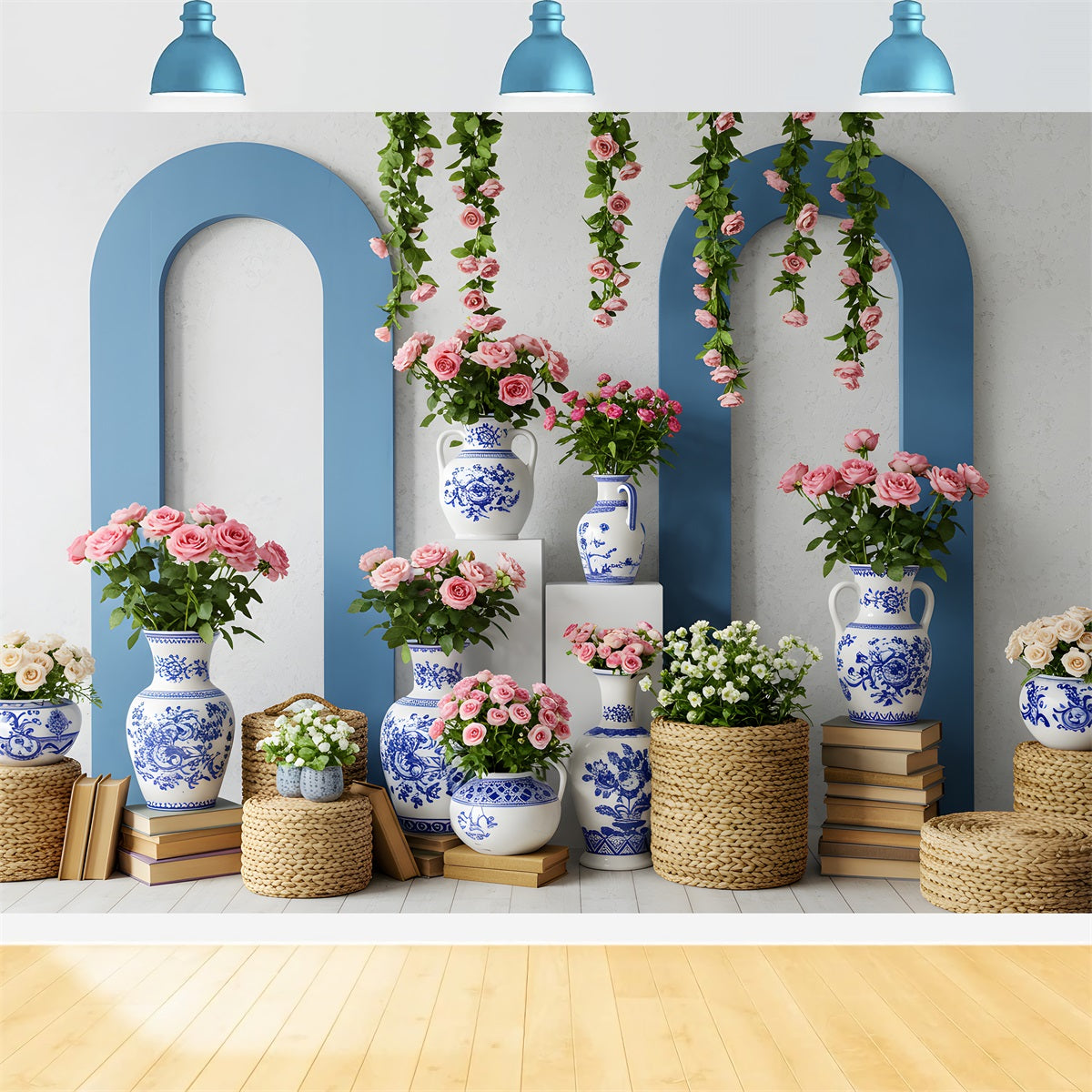 Toile de fond Fête des Mères Vase Bleu Blanc Floral Par Magali