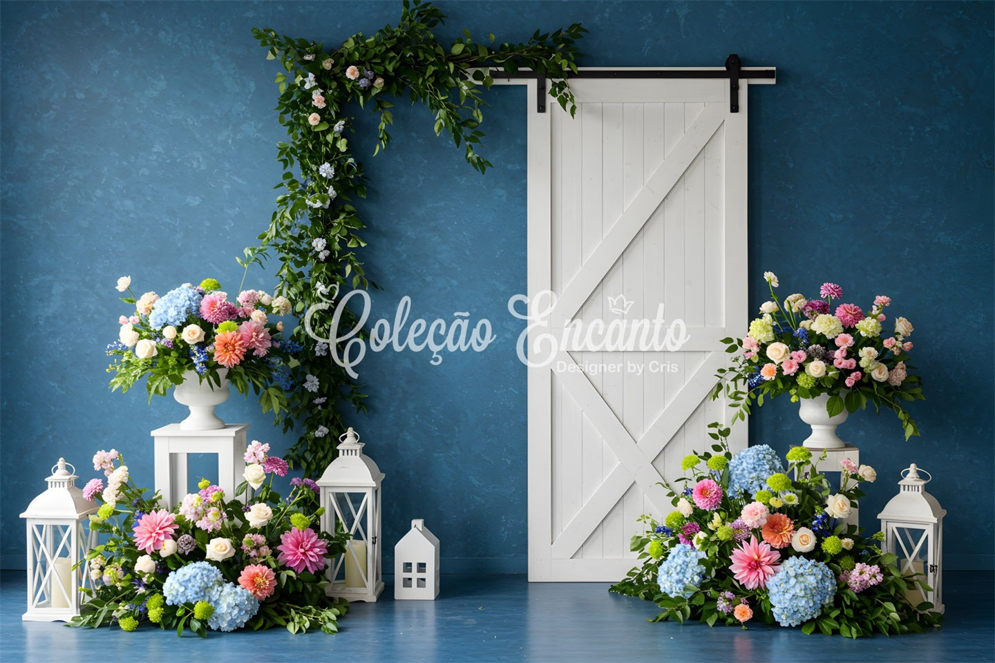Toile de fond Studio Fête des Mères Mur Bleu Porte Blanche Florale Par Magali