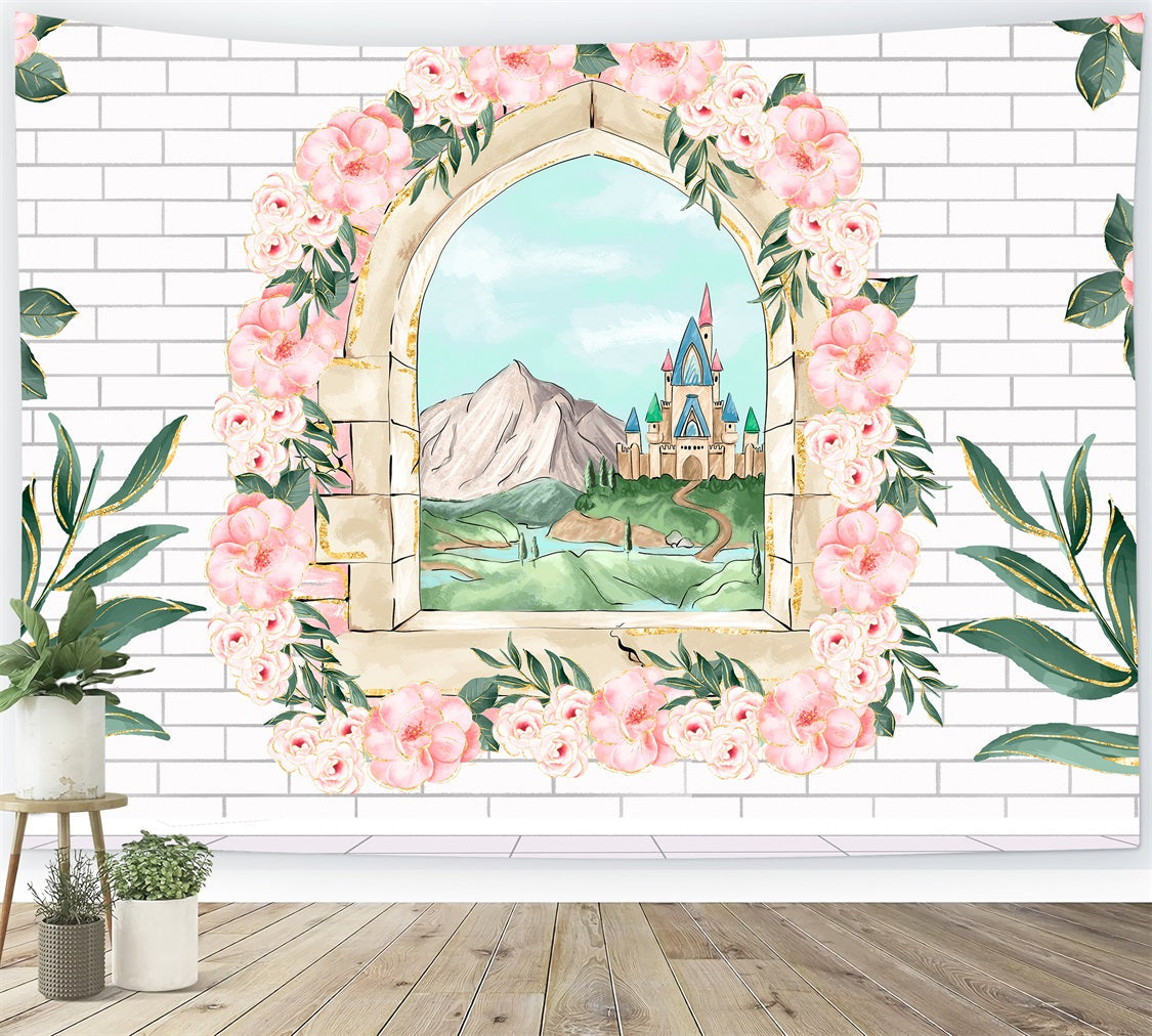 Toile de fond Nouveau-né Fenêtre Florale Mur Brique Par Magali