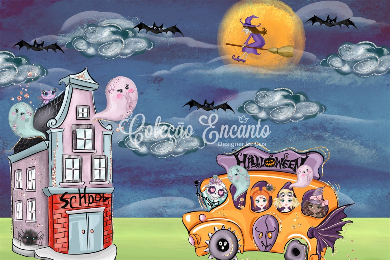 Fond Photo Nouveau-né Bus Scolaire Fantôme Sorcière Nuit Par Magali