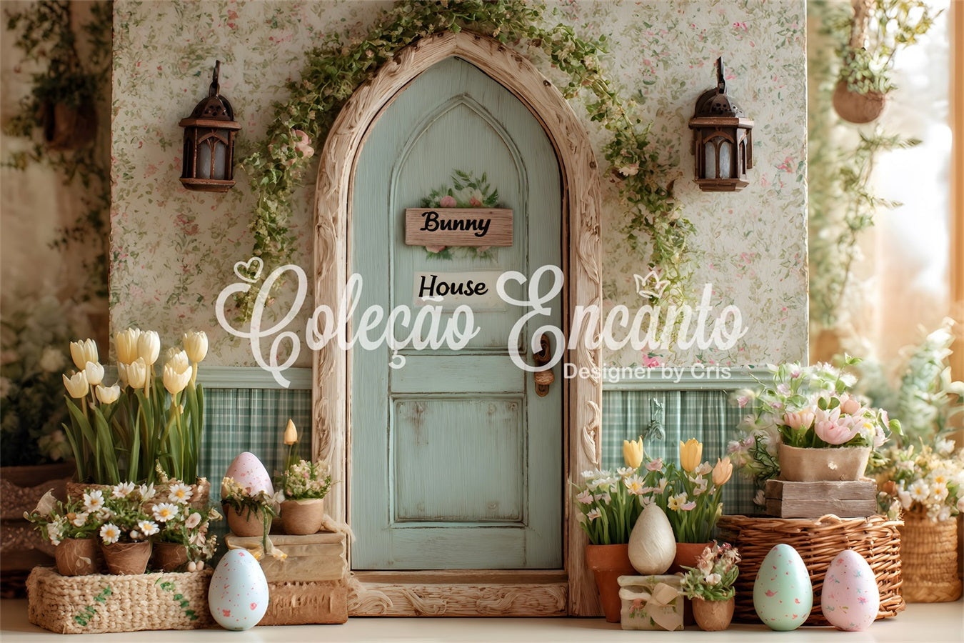 Toile de fond Pâques Maison Lapin Œufs Fleuris Par Magali