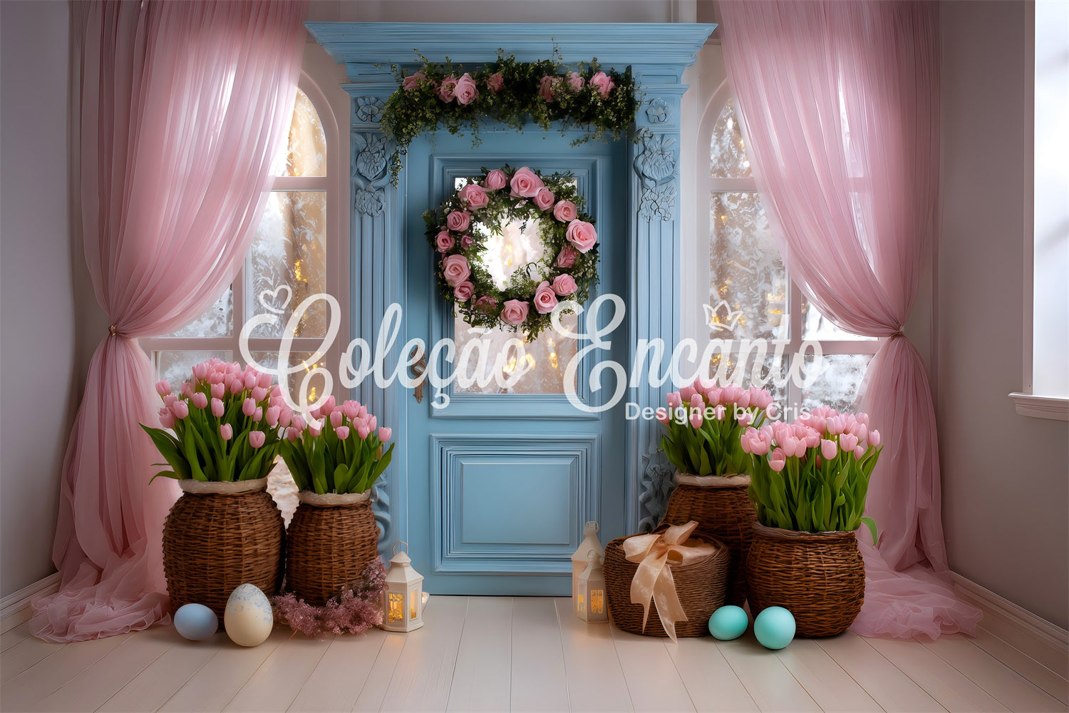 Fond Studio Pâques Porte Bleue Rideau Rose Par Magali